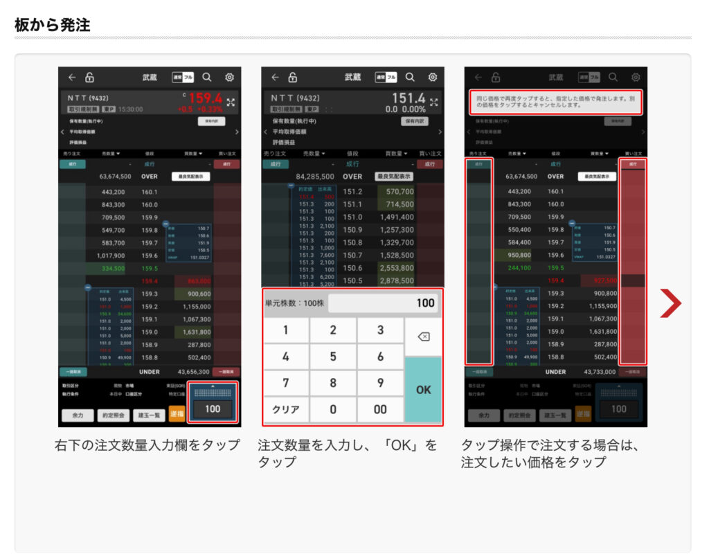 投資ツール武蔵の発注方法を実際の画面で説明したもの1